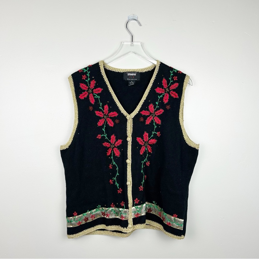 Vintage Designer Originals Studio Joy Christmas Sweater Knit Vest Poinsettias